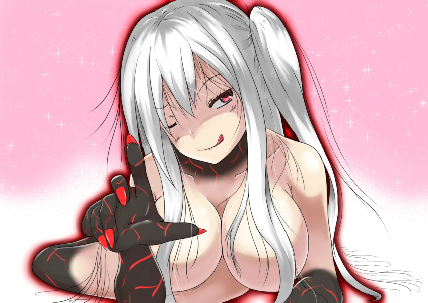 1girl ;p aircraft_carrier_hime aircraft_carrier_oni breasts cleavage fingernails kantai_collection long_fingernails naughty_face one_eye_closed pink_background red_eyes side_ponytail solo tongue tongue_out white_hair