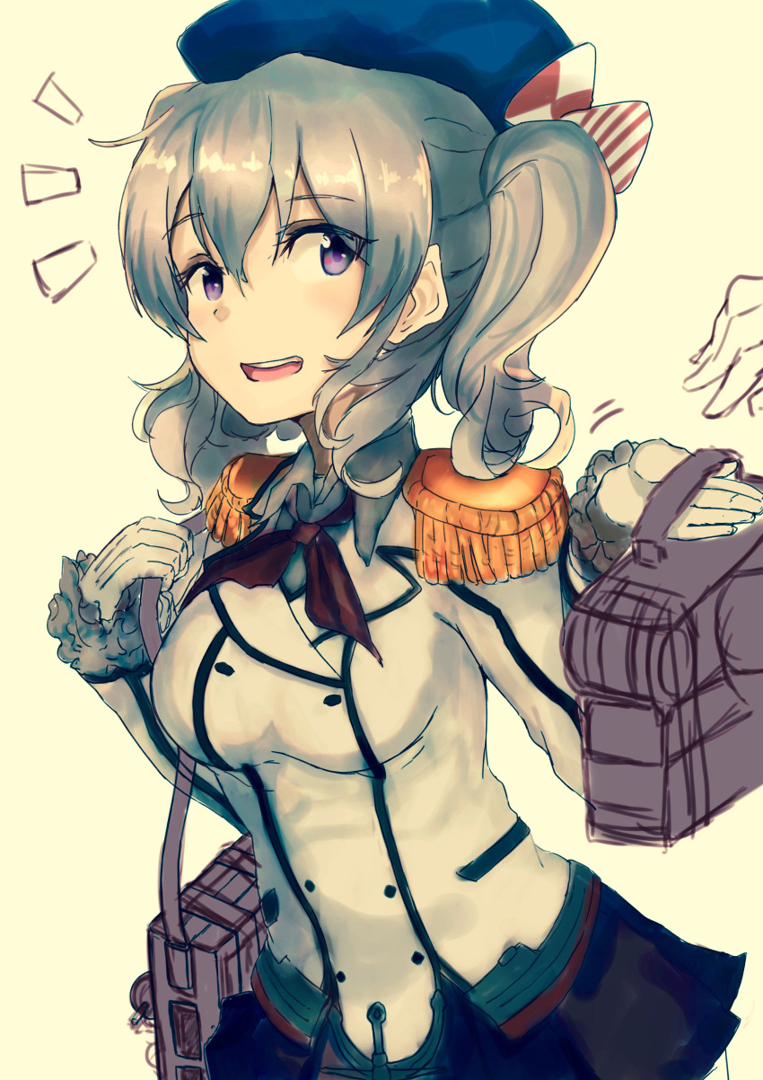 1girl absurdres beret breasts buttons depth_charge epaulettes frilled_sleeves frills gloves hat highres jacket kantai_collection kashima_(kantai_collection) kerchief military military_uniform miniskirt open_mouth pleated_skirt ranf red_ribbon ribbon silver_hair skirt smile solo twintails uniform violet_eyes wavy_hair white_gloves