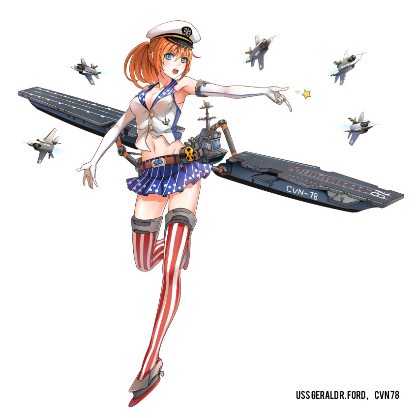 1girl absurdres aircraft_carrier airplane bare_arms belt blonde_hair breasts cleavage control_tower elbow_gloves f-35_lightning_ii flight_deck gloves gyakushuu_no_hoshiumi highres jet long_hair mecha_musume miniskirt navel open_mouth outstretched_arm personification ponytail rudder_shoes ship simple_background skirt thigh-highs warship white_background