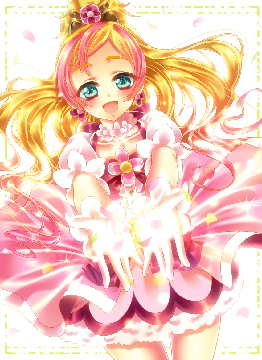 1girl :d absurdres blonde_hair blush cowboy_shot cure_flora earrings flower flower_earrings flower_necklace gloves go!_princess_precure green_eyes happy haruno_haruka highres jewelry long_hair looking_at_viewer magic magical_girl multicolored_hair necklace open_mouth outstretched_hand pink_hair pink_skirt precure skirt smile solo streaked_hair touki_matsuri two-tone_hair white_gloves