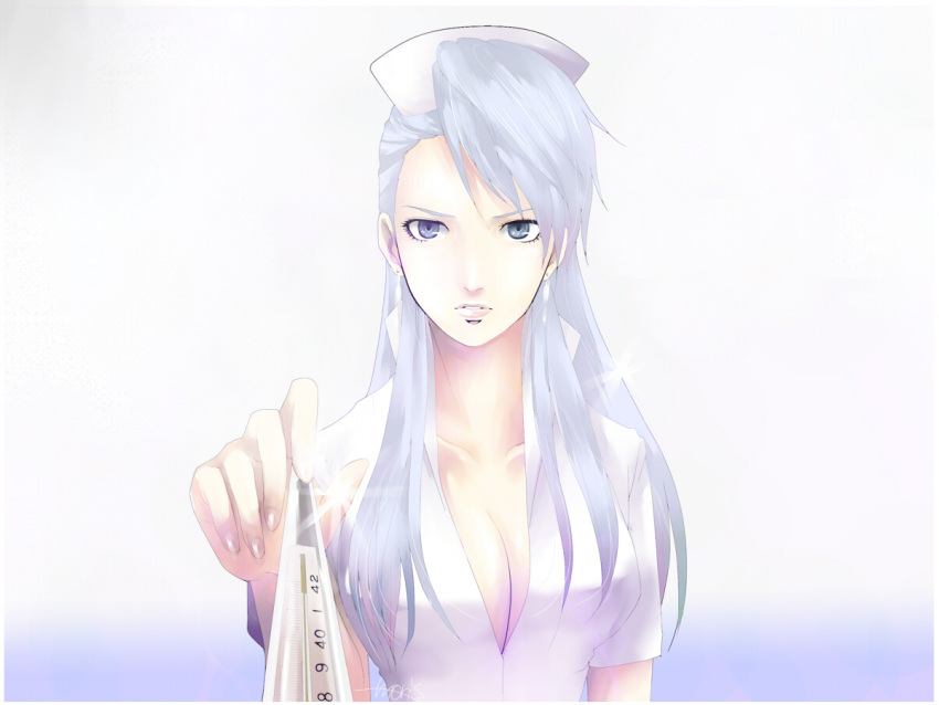 1girl bangs blue_eyes breasts chou_shittou_caduceus cleavage collarbone earrings fingernails hat jewelry large_breasts long_hair looking_at_viewer mira_kimishima moriririnn nurse nurse_cap serious signature silver_hair simple_background solo thermometer