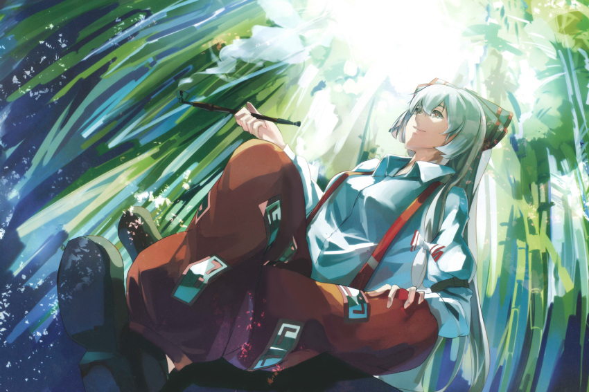 1girl bamboo bamboo_forest bangs black_shoes bow closed_mouth collared_shirt crossed_ankles dress_shirt forest from_below fujiwara_no_mokou hair_between_eyes hair_bow holding_pipe long_hair long_sleeves mk2 nature ofuda outdoors pants red_eyes red_pants shade shirt shoes silver_hair sitting smile smoke smoking_pipe solo suspenders touhou tree_shade very_long_hair white_shirt