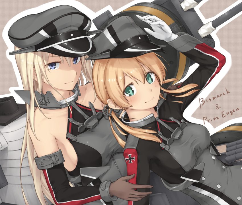 2girls anchor_hair_ornament arm_up bismarck_(kantai_collection) blonde_hair blue_eyes blush breasts cannon character_name detached_sleeves enosan gloves green_eyes hair_ornament hat highres iron_cross kantai_collection long_hair looking_at_viewer low_twintails machinery military military_uniform multiple_girls outline peaked_cap prinz_eugen_(kantai_collection) revision sideboob smile turret twintails uniform white_gloves