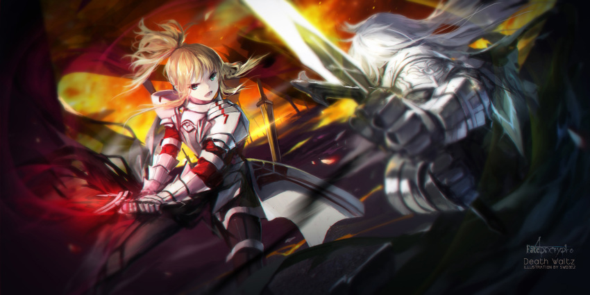 blonde_hair fate_(series) fighting foreshortening green_eyes highres long_hair magic pauldrons ponytail saber_of_red sky swd3e2 sword weapon
