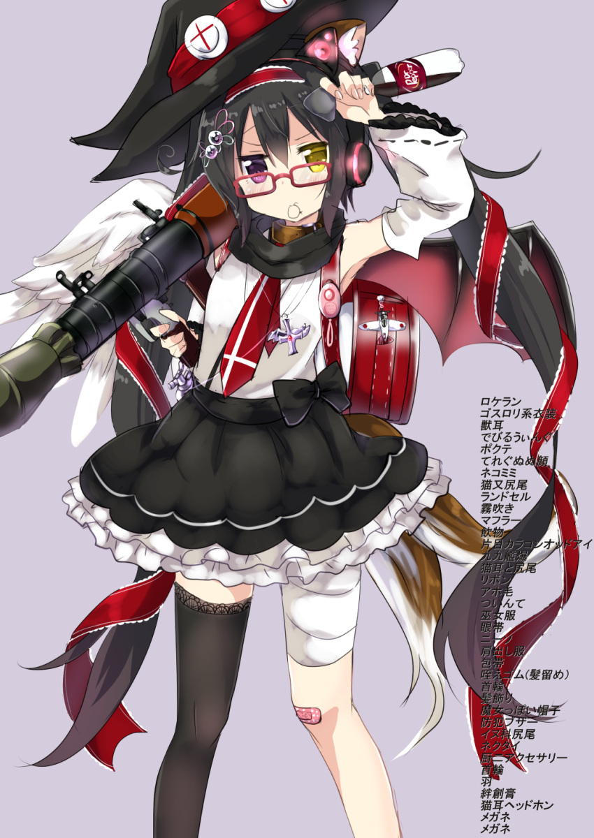 1girl amano_kouki angel_wings animal_ears asymmetrical_legwear asymmetrical_wings backpack bag bag_charm bandaid bandaid_on_knee bat_wings black_hair commentary_request demon_wings detached_sleeves fingerless_gloves fox_ears fox_tail gloves hair_ribbon hat headphones heterochromia highres holding long_hair looking_at_viewer multiple_tails note-chan original randoseru ribbon rocket_launcher rpg rpg-7 scarf single_thighhigh sketch solo tail thigh-highs translation_request twintails weapon wings witch_hat