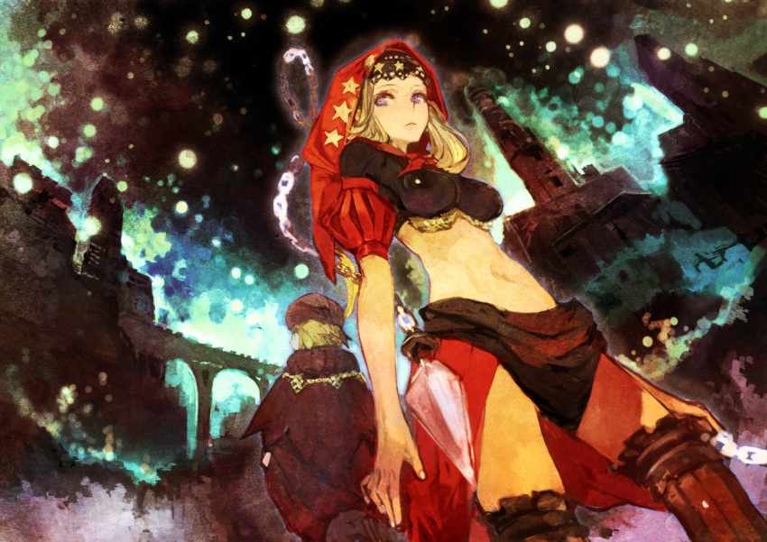 1boy 1girl blonde_hair brother_and_sister chain hat hat_feather hood ingway_(odin_sphere) long_hair midriff odin_sphere puff_and_slash_sleeves puffy_sleeves siblings toi8 twins velvet_(odin_sphere) weapon