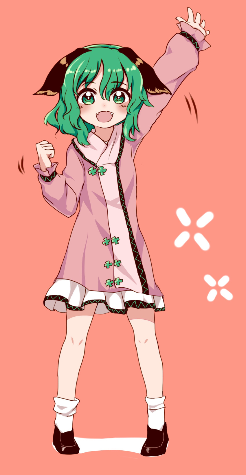 :d absurdres ameyu animal_ears dog_ears dress fangs green_eyes green_hair highres kasodani_kyouko open_mouth pink_background salute short_hair simple_background smile touhou