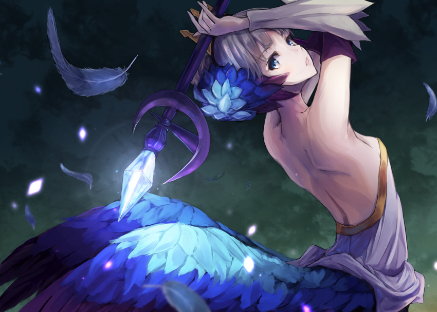 1girl armpits arms_up bare_back bare_shoulders blue_eyes crown crystal dress feathers from_behind gwendolyn hair_ornament highres konkito looking_back odin_sphere open_mouth short_hair solo strapless strapless_dress weapon white_hair wings