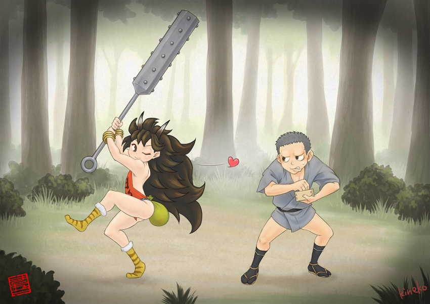 1boy 1girl bangle bangs bare_back big_hair black_legwear bracelet brown_eyes brown_hair bush club dudou forest fur-trimmed_legwear grey_hair grimace heart holding_weapon horns huge_weapon jewelry kanabou kineko9218 leopard_print long_hair looking_at_another looking_back masu nature no_shoes oboro_muramasa one_eye_closed oni outdoors rajaki_(oboro_muramasa) sack sandals sash seikichi_(oboro_muramasa) setsubun signature sleeveless smile socks standing standing_on_one_leg tabi tree two-handed very_long_hair weapon