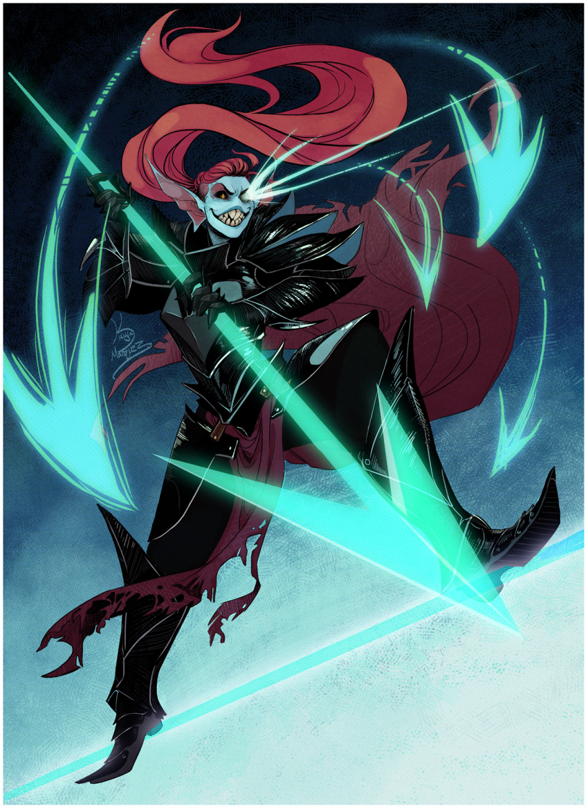 1girl armor arrow black_sclera blue_background blue_skin energy_spear energy_weapon glowing glowing_eye gradient gradient_background grin head_fins highres kayla_marquez loincloth monster_girl polearm ponytail redhead sharp_teeth signature slit_pupils smile solo spear spoilers tagme teeth undertale undyne undyne_the_undying weapon yellow_eyes