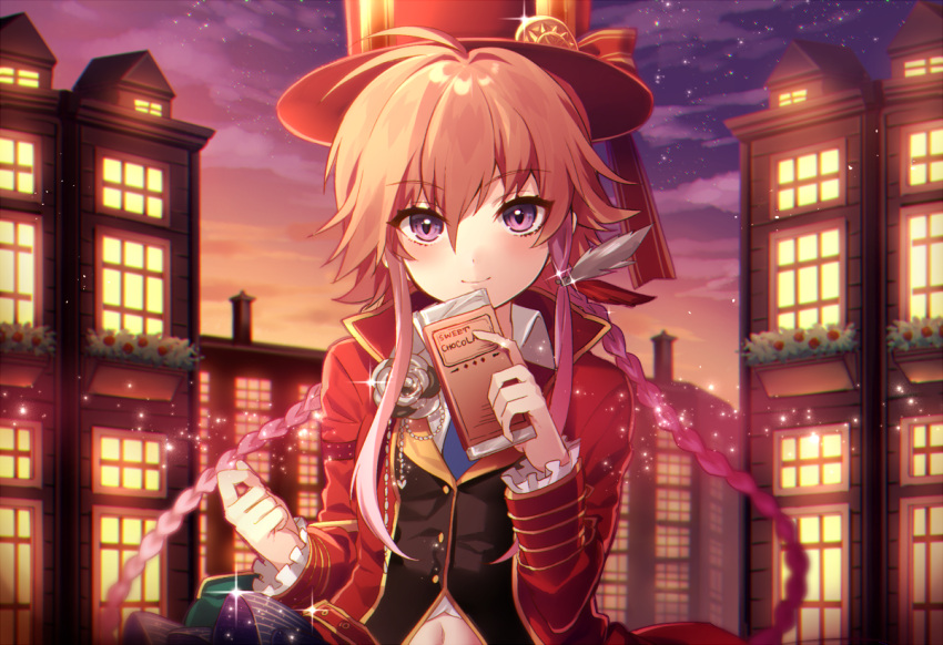1girl bangs braid brooch building chimney chocolate_bar collared_shirt dusk feathers frilled_sleeves frills hair_feathers hat hat_ribbon holding_food ichinose_yukino idolmaster idolmaster_cinderella_girls jacket jewelry light_particles light_smile long_hair long_sleeves looking_at_viewer multicolored_hair navel ninomiya_asuka open_clothes open_jacket orange_hair outdoors pink_hair red_jacket ribbon shirt sidelocks sky solo sparkle top_hat twin_braids two-tone_hair upper_body very_long_hair vest violet_eyes white_shirt window