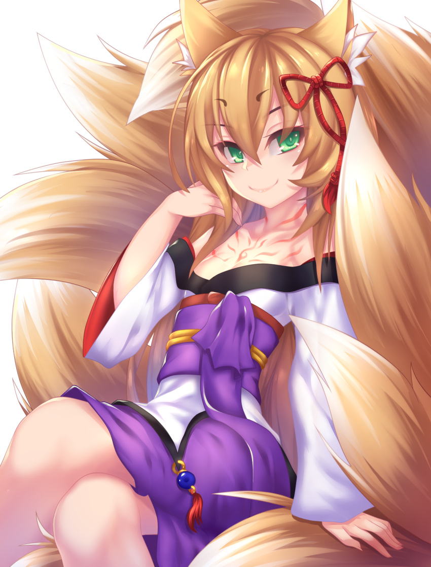 1girl animal_ears bare_shoulders blonde_hair closed_mouth crossed_legs eyebrows eyebrows_visible_through_hair fi-san fox_ears fox_tail green_eyes hair_ornament hand_in_hair highres japanese_clothes long_hair looking_at_viewer marble mon-musu_quest! multiple_tails obi off_shoulder sash sitting smile solo tail tamamo_(mon-musu_quest!) tassel tattoo white_background wide_sleeves