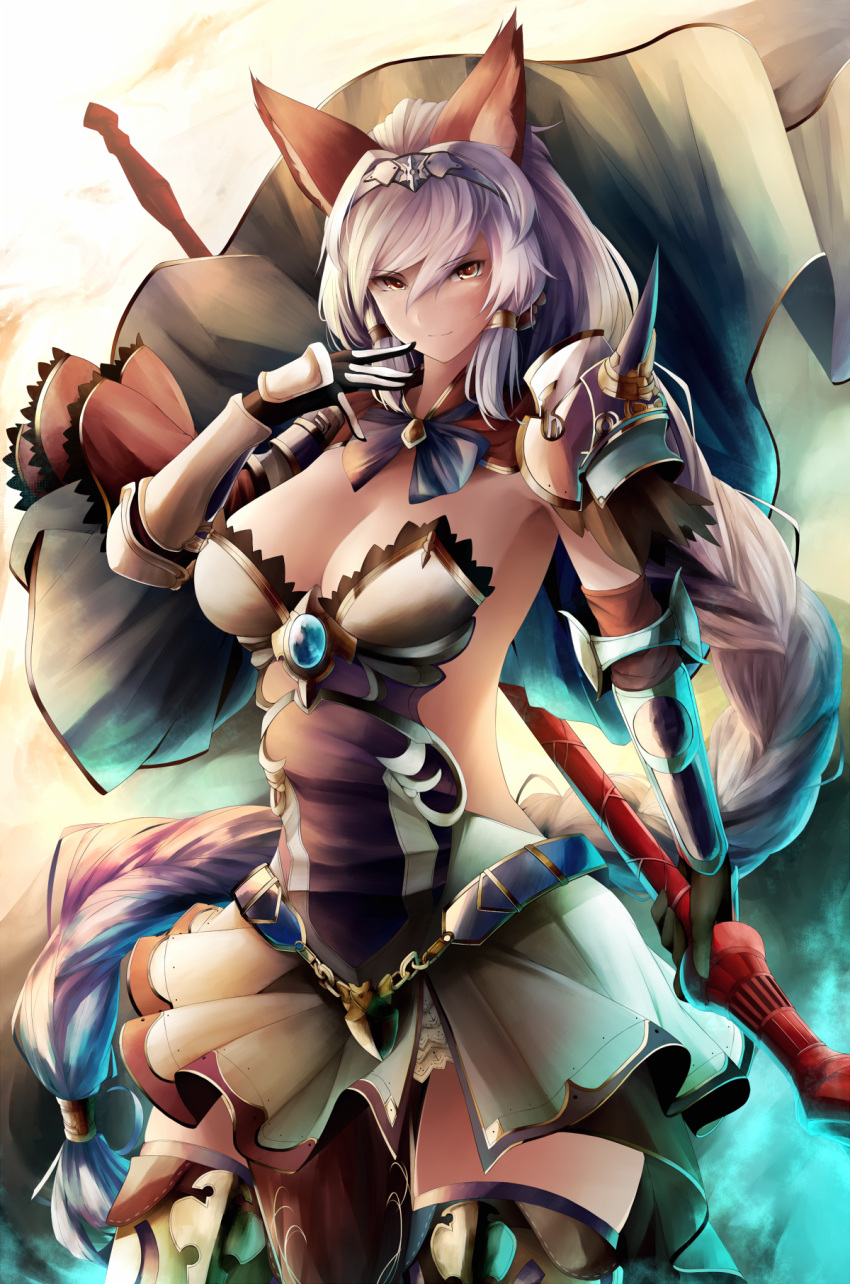 1boy 1girl animal_ears armor armored_dress braid breasts cat_ears cleavage dress gauntlets gloves granblue_fantasy hair_between_eyes hair_intakes hair_tubes hairband heles highres holding_weapon inaba_sunimi large_breasts long_hair looking_at_viewer polearm short_dress shoulder_pads silver_hair single_braid smile solo spear spikes thigh-highs very_long_hair weapon white_dress yellow_eyes