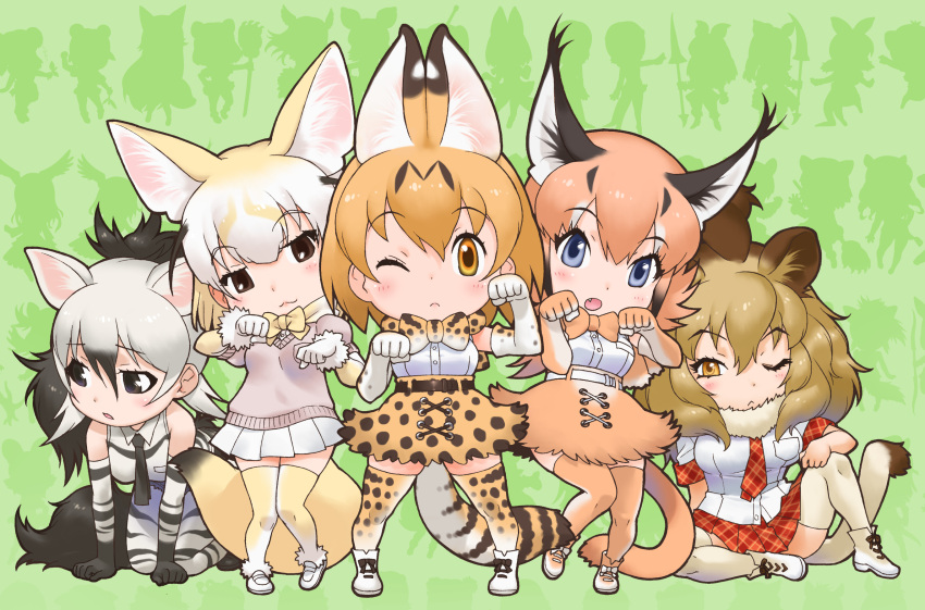 5girls :3 :o all_fours animal_ears artist_request black_eyes black_hair blonde_hair bow cat_ears cat_print cat_tail character_request elbow_gloves fang full_body gloves green_background highres kemono_friends light_brown_hair long_hair looking_at_viewer multicolored_hair multiple_girls necktie official_art one_eye_closed orange_eyes orange_hair paw_pose plaid plaid_skirt pleated_skirt puffy_sleeves short_hair short_sleeves silhouette sitting skirt sleeveless striped striped_legwear tail thigh-highs white_hair wide_stance