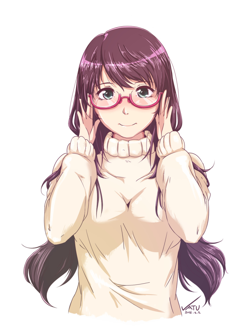 1girl adjusting_glasses blush brown_hair female glasses green_eyes highres long_hair semi-rimless_glasses simple_background smile solo sweater turtleneck twintails white_background
