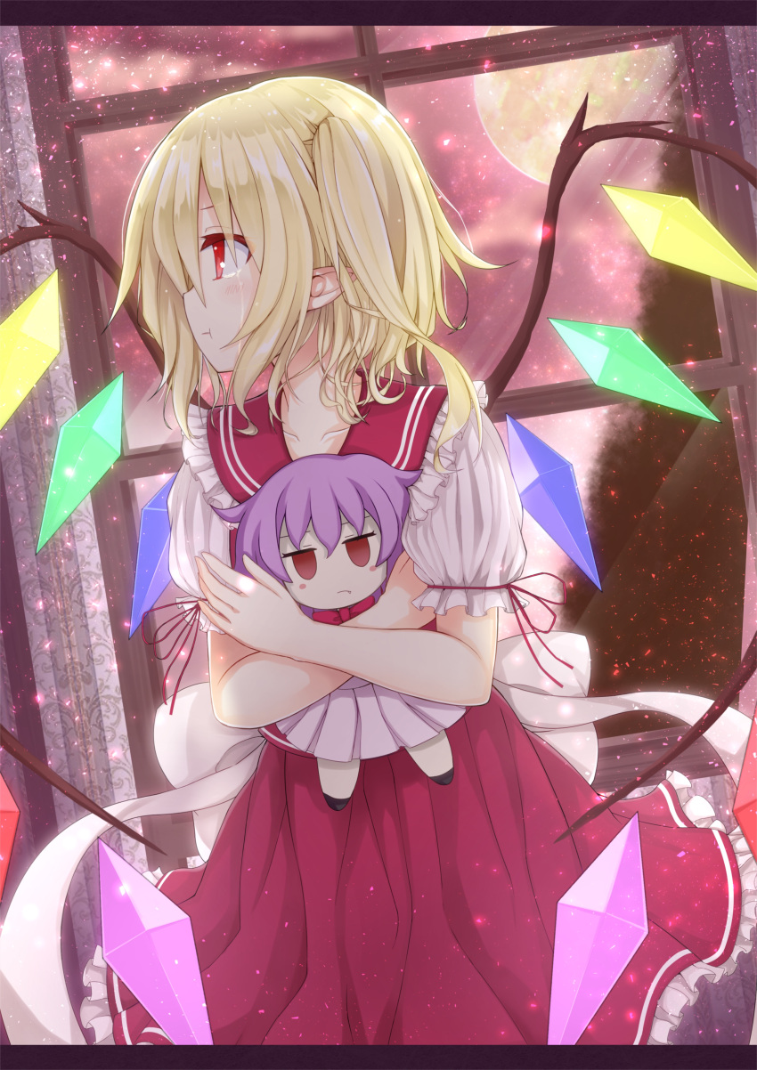 1girl absurdres asymmetrical_wings blonde_hair character_doll curtains dress dutch_angle fang_out flandre_scarlet full_moon heart heart_wings highres jitome lavender_hair looking_to_the_side moon night night_sky no_hat object_hug objection pointy_ears pout puffy_short_sleeves puffy_sleeves red_dress red_eyes remilia_scarlet short_hair short_sleeves side_ponytail sky star_(sky) starry_sky tears touhou wings yamiarisu