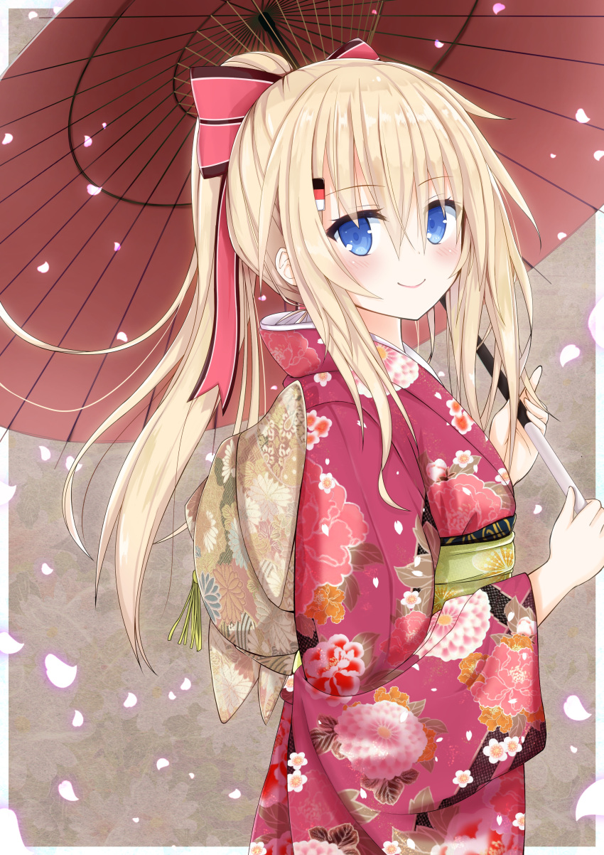 1girl absurdres alternate_costume alternate_hairstyle bismarck_(kantai_collection) blonde_hair blue_eyes bow commentary_request hair_bow hair_ornament hair_ribbon hairclip highres holding japanese_clothes kantai_collection kimono long_hair looking_at_viewer new_year oriental_umbrella petals ponytail ribbon solo umbrella yamiarisu