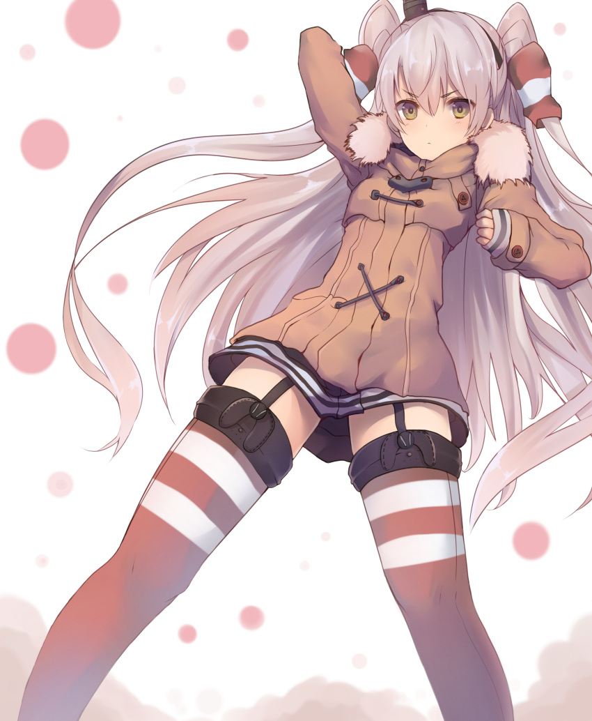 1girl absurdres amatsukaze_(kantai_collection) arm_up black_hat black_skirt blush brown_coat brown_eyes buttons coat dyson_(edaokunnsaikouya) from_below fur_trim garter_straps hair_between_eyes hair_tubes hairband hat highres hood hooded_jacket jacket kantai_collection leg_garter long_hair long_sleeves looking_at_viewer mini_hat miniskirt red_legwear revision silver_hair simple_background skirt solo standing striped striped_legwear thigh-highs twintails very_long_hair white_background winter_clothes winter_coat zettai_ryouiki
