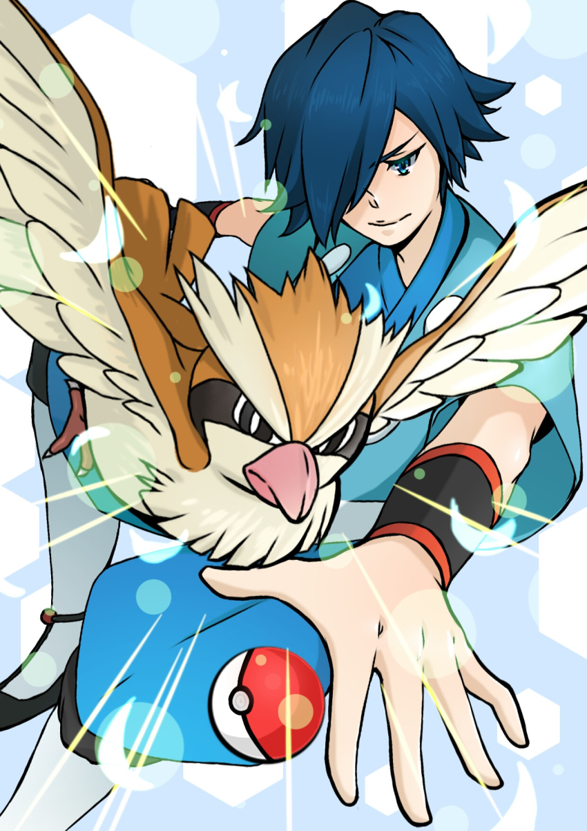 1boy blue_eyes blue_hair hayato_(pokemon) highres pidgey poke_ball pokemon pokemon_(creature) short_hair smirk