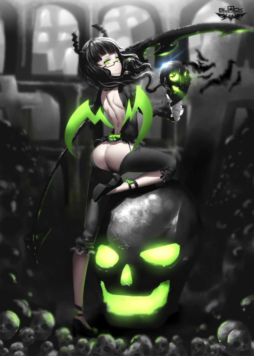 1girl ass ass_cutout backless_outfit black-framed_glasses black_hair black_rock_shooter bottomless claws dead_master demon_girl demon_horns glowing glowing_eyes green_eyes highres hk_(hk) horns looking_at_viewer pants scythe shirt skull solo wings