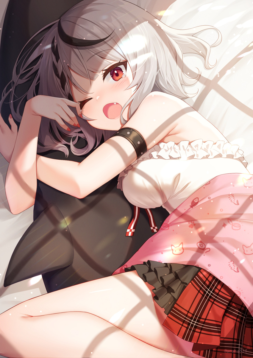 1girl ;o arm_strap bangs bare_shoulders bed_sheet black_hair blanket braid braided_bangs breasts fang frilled_skirt frills from_above highres hololive hood looking_at_viewer lying miniskirt multicolored_hair nail_polish no_jacket object_hug on_bed on_side one_eye_closed open_mouth plaid plaid_skirt pleated_skirt red_eyes red_nails sakamata_chloe silver_hair single_braid skirt solo streaked_hair tears uruha_(yw1109) virtual_youtuber window_shade yawning