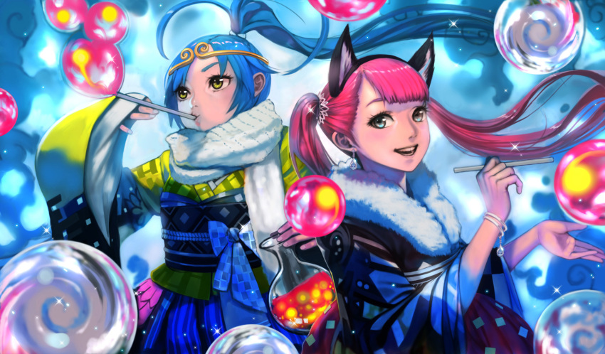 2girls animal_ears blue_eyes blue_hair bracelet bubble_blowing cat_ears circlet digitalome drinking_straw earrings flask high_ponytail highres japanese_clothes jewelry kimono long_hair multiple_girls new_year nose obi original pink_hair sash scarf scrunchie smile soap_bubbles twintails wide_sleeves yellow_eyes