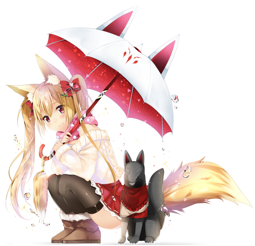 1girl animal_ears bare_shoulders black_legwear blush boots bow duji_amo fox fox_ears fox_tail fur_boots hair_bow hair_ornament hairclip highres kneeling long_hair original red_eyes simple_background skirt smile solo sweater tail thigh-highs twintails ugg_boots umbrella white_background