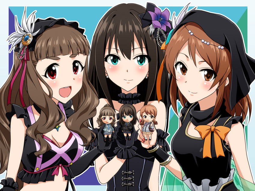 3girls bare_shoulders black_gloves black_gothic_dress_(idolmaster) brown_eyes brown_hair cardigan choker eyebrows gloves green_eyes hair_ornament houjou_karen idolmaster idolmaster_cinderella_girls jewelry kamiya_nao long_hair looking_at_viewer multiple_girls necklace nendoroid open_mouth red_eyes school_uniform shibuya_rin smile tame_meshi