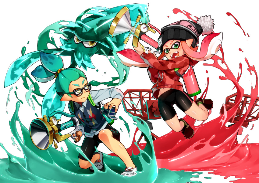 1boy 1girl beanie bike_shorts domino_mask fangs hat highres holding_weapon ink_tank inkling jumping kneeling long_hair long_sleeves looking_at_another mask nomu open_mouth paint_splatter radar shirt shoes short_hair smile sneakers splatoon squid sweater sweater_vest tentacle_hair topknot white_background white_shirt