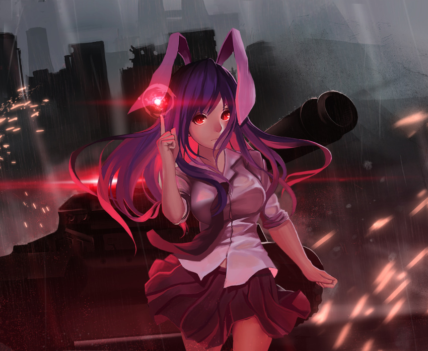 animal_ears blazer breasts cannon large_breasts lavender_hair llxhh long_hair looking_at_viewer military military_vehicle necktie pleated_skirt pointing purple_hair rabbit_ears red_eyes red_necktie reisen_udongein_inaba shirt skirt tank touhou vehicle