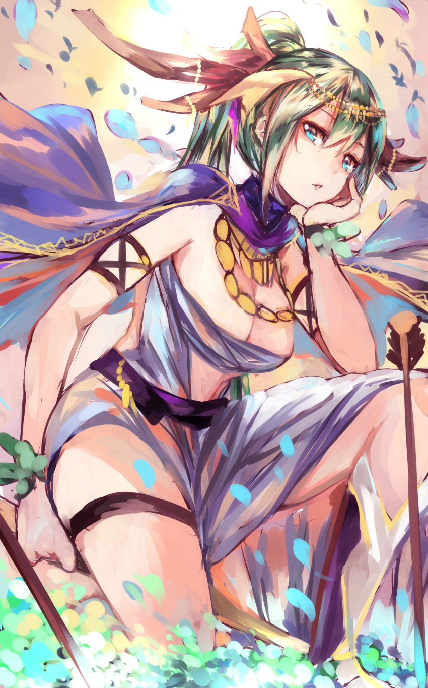 1girl arrow artemis_(p&amp;d) blue_eyes breasts cape chin_rest cleavage flower green_hair highres jewelry long_hair mi_bait necklace petals ponytail puzzle_&amp;_dragons solo