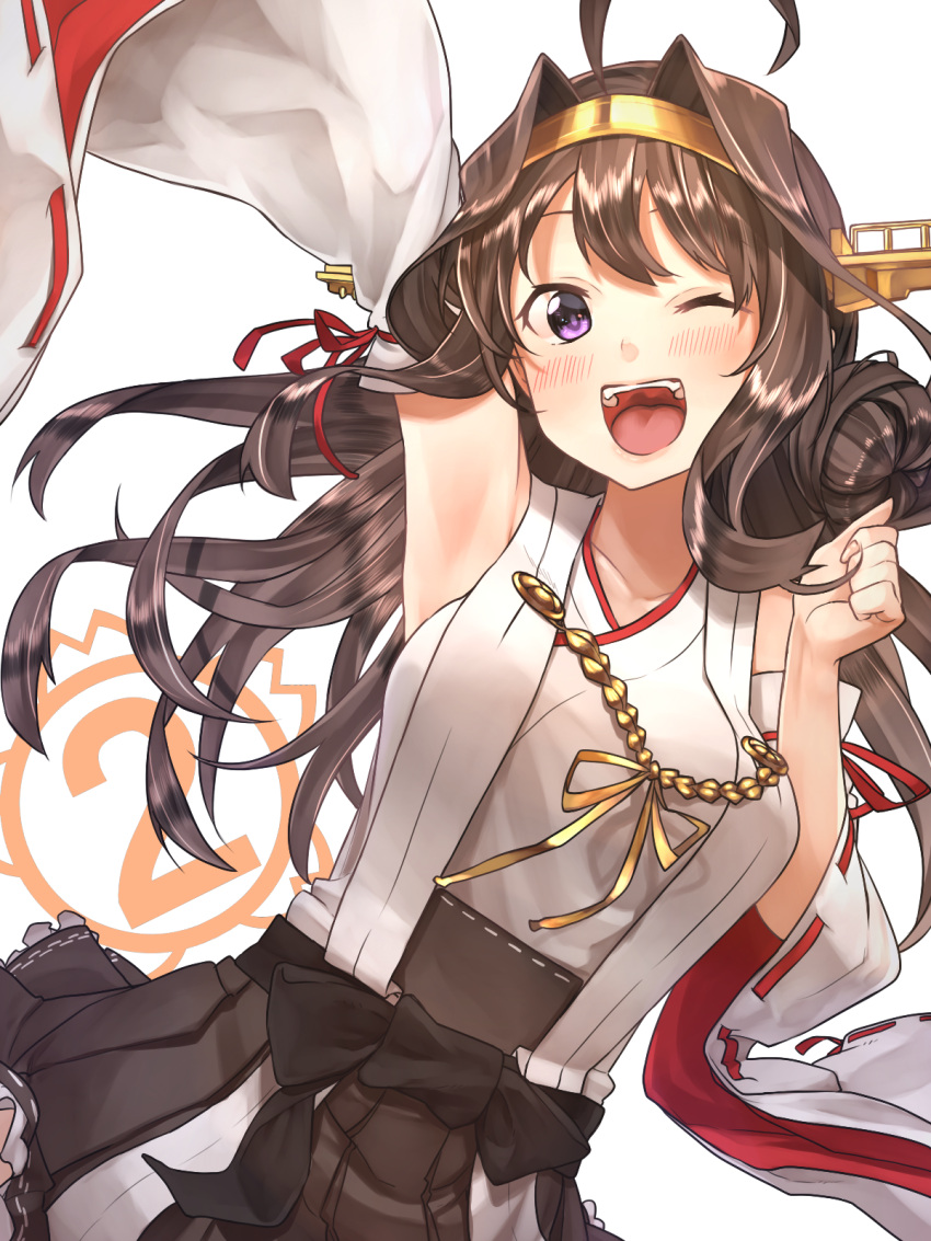 1girl :d ;d ahoge arm_up armpits baffu bare_shoulders blue_eyes breasts brown_hair detached_sleeves double_bun hairband headgear highres japanese_clothes kantai_collection kongou_(kantai_collection) large_breasts long_hair nontraditional_miko one_eye_closed open_mouth remodel_(kantai_collection) ribbon-trimmed_sleeves ribbon_trim simple_background smile solo teeth tongue violet_eyes white_background wide_sleeves