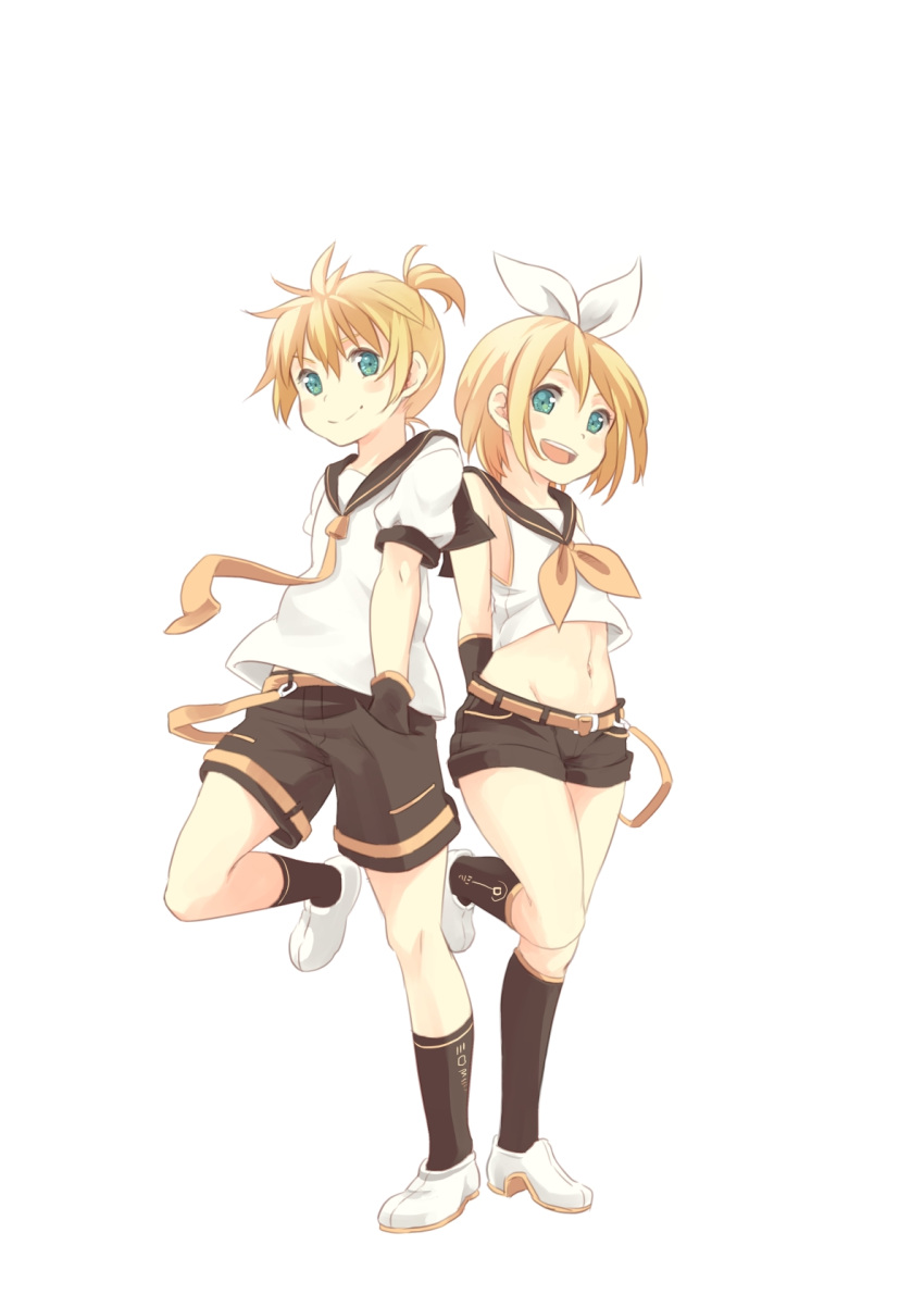 1boy 1girl aqua_eyes arm_warmers arms_behind_back black_legwear black_shorts blonde_hair blush_stickers crop_top full_body hair_ornament hair_ribbon hairclip hand_in_pocket highres hpflower kagamine_len kagamine_rin looking_at_viewer midriff navel necktie open_mouth ponytail ribbon sailor_collar shoes short_hair shorts siblings smile socks standing_on_one_leg twins vocaloid white_background white_shoes