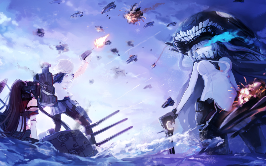 3girls ahoge aircraft back battlefield black_gloves black_hair black_legwear blue blue_eyes blurry bodysuit burnt_clothes cannon cape cherry_blossoms clouds damaged depth_of_field explosion fire firing flower from_below gloves glowing glowing_eye hair_flower hair_ornament hamakaze_(kantai_collection) hat headgear heterochromia highres holding_weapon kantai_collection legs_apart long_hair looking_at_another machinery magicxiang miniskirt multiple_girls ocean oriental_umbrella pale_skin pantyhose partially_submerged pleated_skirt ponytail protecting school_uniform serafuku shinkaisei-kan short_hair short_sleeves sitting skirt sky sleeveless smoke standing tassel teeth tentacles torn_blouse torn_clothes torn_gloves torn_pantyhose torn_skirt turret umbrella wading waves white_gloves white_hair white_skin wo-class_aircraft_carrier yamato_(kantai_collection) yellow_eyes