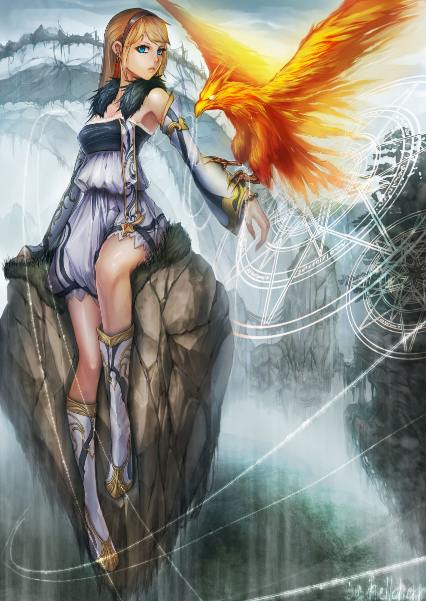 1girl absurdres aqua_eyes arm_support artist_name bare_shoulders bird boots earrings floating_rock fur grass hellcherr highres jewelry long_hair looking_at_viewer magic phoenix sitting
