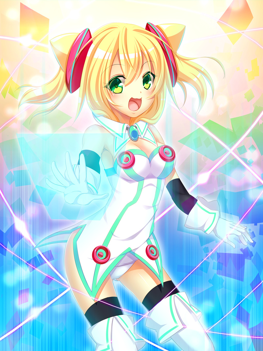 1girl blonde_hair blush breasts gloves green_eyes hacka_doll hacka_doll_1 highres long_hair looking_at_viewer open_mouth rmk smile solo thigh-highs twintails
