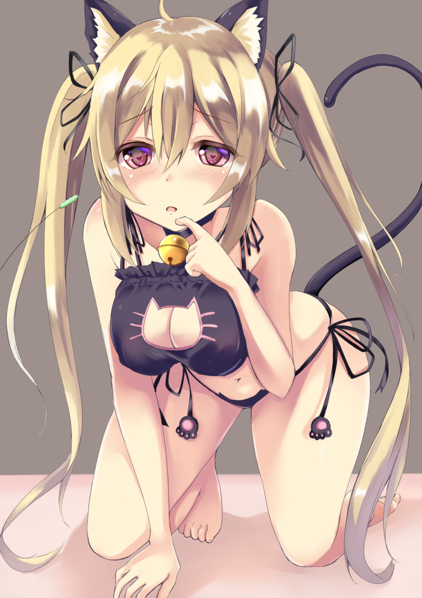 1girl ahoge all_fours animal_ears bangs bare_arms bare_legs bare_shoulders barefoot bell bell_collar black_bra black_panties blonde_hair blush bra breasts cat_cutout cat_ears cat_lingerie cat_tail cat_teaser cleavage cleavage_cutout collar covered_nipples feet finger_to_mouth foreshortening full_body grey_background hair_between_eyes hair_ribbon half_updo heart heart-shaped_pupils highres jingle_bell kantai_collection kneeling looking_at_viewer murasame_(kantai_collection) navel open_mouth panties pink_eyes purunyara ribbon short_hair_with_long_locks side-tie_panties simple_background solo symbol-shaped_pupils tail toes twintails underwear underwear_only