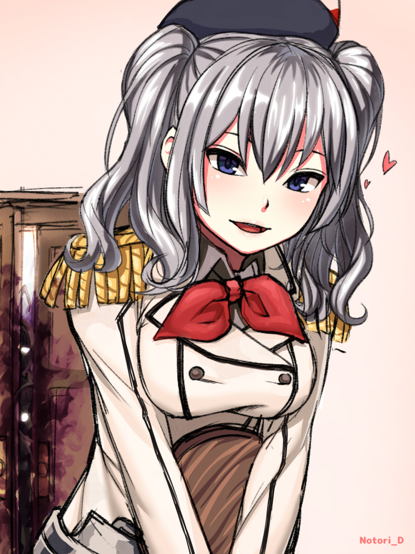 artist_name aura bangs beret blue_eyes door epaulettes glowing glowing_eyes grey_hair hat heart highres kantai_collection kashima_(kantai_collection) kerchief leaning_forward military military_uniform notori_d open_door open_mouth peeking smile solo_focus tray tsurime twintails uniform v_arms wavy_hair