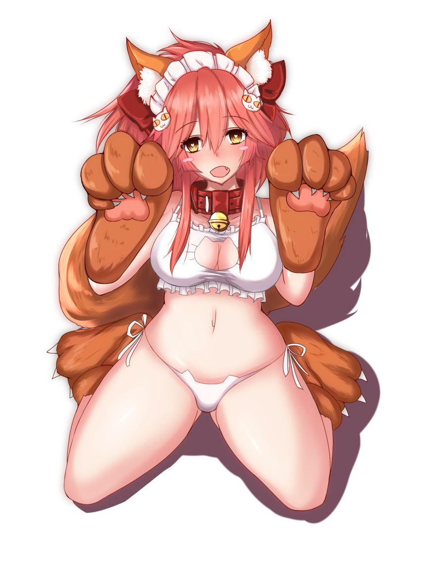 1girl absurdres animal_ears bell bell_collar blush blush_stickers bra breasts caster_(fate/extra) cat_cutout cat_ear_panties cat_lingerie choker cleavage cleavage_cutout collar ebon_umax fang fate/grand_order fate_(series) fox_ears fox_tail hair_ribbon heart heart-shaped_pupils highres large_breasts long_hair looking_at_viewer navel open_mouth panties pink_hair ribbon side-tie_panties solo symbol-shaped_pupils tail tamamo_cat_(fate/grand_order) type-moon underwear underwear_only yellow_eyes