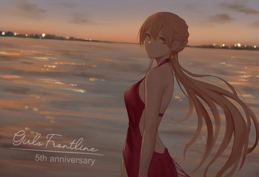 1girl anniversary backless_dress backless_outfit breasts closed_mouth commentary_request copyright_name cowboy_shot dress earrings evening from_side girls_frontline horizon jewelry long_hair looking_at_viewer looking_to_the_side mixed-language_commentary ocean orange_eyes orange_hair ots-14_(girls_frontline) outdoors red_dress selcky small_breasts smile solo strap_gap very_long_hair water