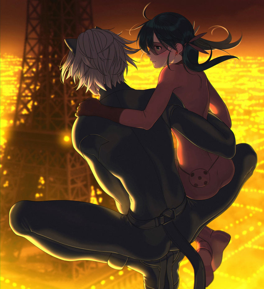 1boy 1girl absurdres aconitea adrien_agreste ahoge animal_ears arm_around_waist ass back belt black_boots black_eyes black_hair blonde_hair blurry blush bodysuit boots cat_ears cat_tail chat_noir city_lights closed_mouth crossed_ankles depth_of_field ear_studs earrings floating_hair from_behind gloves gradient hair_ornament hand_on_another's_shoulder hetero highres jewelry ladybug_(character) long_hair looking_at_another magical_girl marinette_cheng mask miraculous_ladybug night polka_dot profile red_boots red_gloves sitting sitting_on_lap sitting_on_person sky squatting tail tower twintails wind