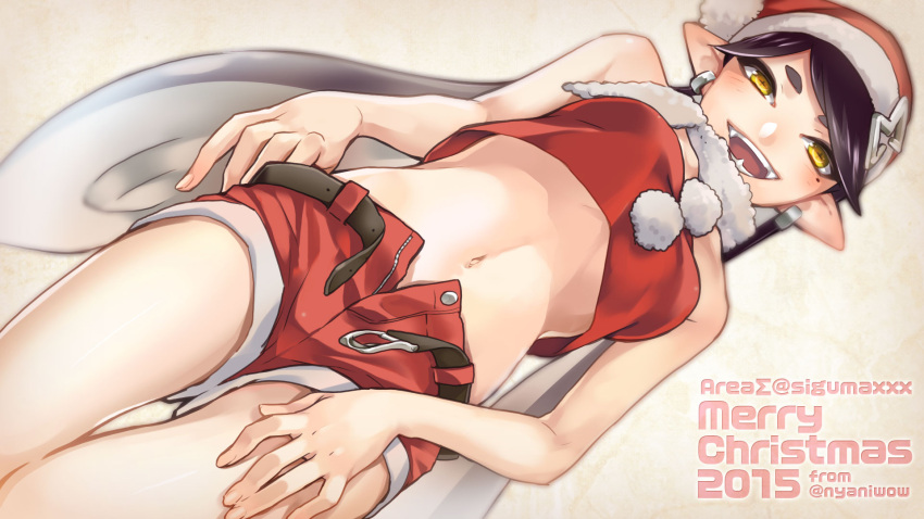 1girl 2015 :d aori_(splatoon) belt black_hair christmas earrings hat highres jewelry long_hair looking_at_viewer midriff mole mole_under_eye navel nyani open_clothes open_mouth open_shorts pointy_ears santa_hat shorts smile solo splatoon teeth tentacles twintails twitter_username very_long_hair yellow_eyes