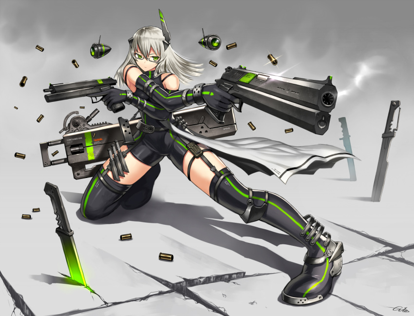 1girl aiming armor artist_name bangs belt black_gloves black_legwear bra_strap closed_mouth crack dagger dual_wielding finger_on_trigger full_body garter_straps gia glasses gloves gradient gradient_background green_eyes gun gungrave hair_ornament handgun headgear holster knee_pads knife lens_flare long_hair looking_to_the_side on_floor one_knee original planted_knife planted_weapon semi-rimless_glasses shadow shell_casing signature silver_hair sleeveless smoke solo thigh-highs thigh_holster thigh_strap trigger_discipline under-rim_glasses unitard waist_cape weapon wrist_cuffs