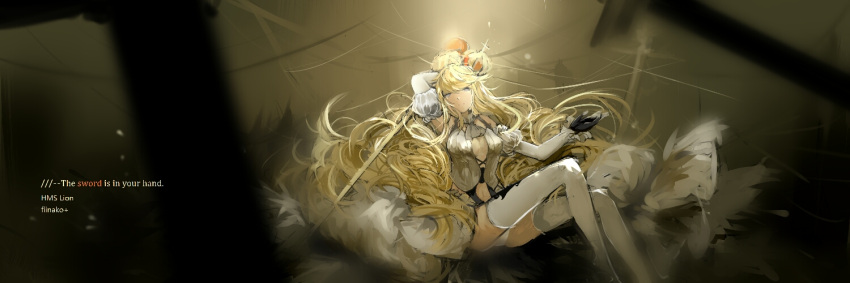 1girl arm_behind_head ascot backlighting big_hair blonde_hair blue_eyes blurry breasts character_request crown depth_of_field detached_sleeves english frilled_sleeves frills hand_up head_tilt holding_sword holding_weapon light_particles long_hair long_skirt open_hand panties skirt smile solo sword tagme thigh-highs thighs underwear very_long_hair weapon white_legwear white_panties white_skirt yi_yu zhan_jian_shao_nyu