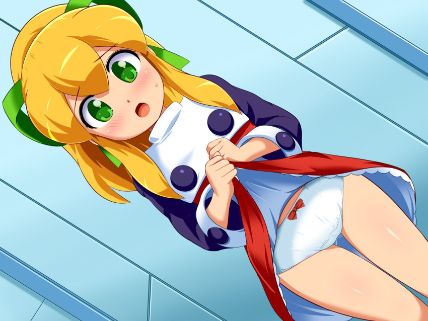 1girl artist_request blonde_hair dutch_angle highres long_hair panties ponytail rockman roll solo underwear