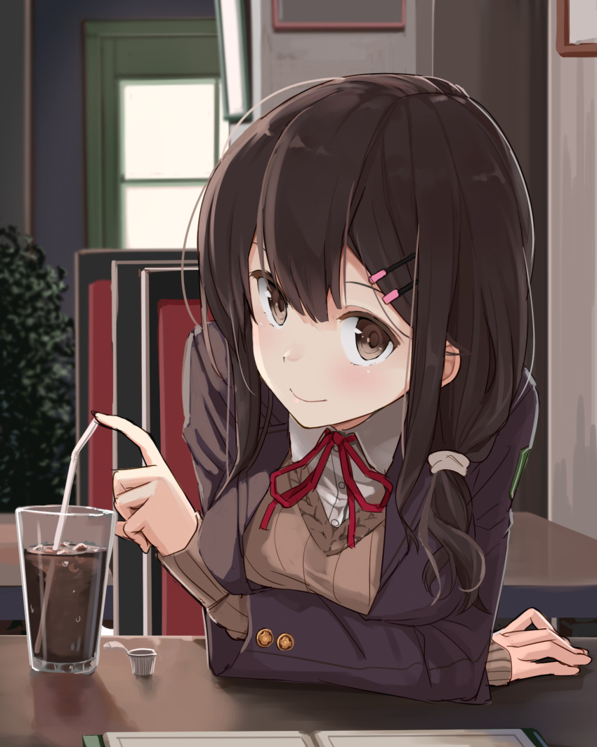 bendy_straw breast_rest breasts brown_eyes brown_hair buttons cup drinking_glass drinking_straw hair_ornament hairclip highres jacket long_hair looking_at_viewer max_melon_teitoku original ribbon school_uniform smile straw