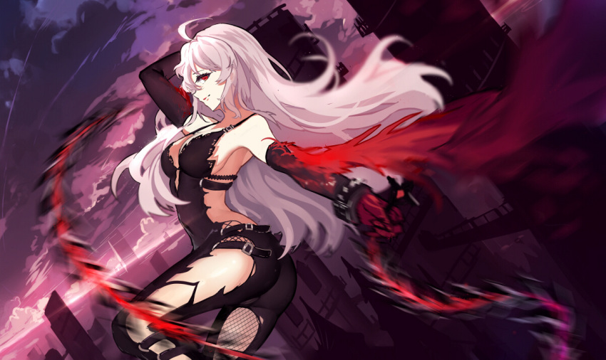 1girl ass backless_outfit baisi_shaonian bodysuit breasts bridge building cross crucifix detached_sleeves dungeon_and_fighter female_slayer_(dungeon_and_fighter) gloves large_breasts long_hair looking_at_viewer red_eyes red_gloves sideboob silver_hair sky skyscraper solo thighs very_long_hair