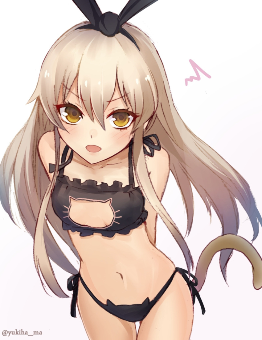 1girl black_bra black_panties blonde_hair blush bra cat_cutout cat_ear_panties cat_lingerie cleavage_cutout hair_ribbon highres kantai_collection long_hair looking_at_viewer navel open_mouth panties ribbon shimakaze_(kantai_collection) side-tie_panties simple_background sketch small_breasts solo twitter_username underwear underwear_only white_background yellow_eyes yukihama