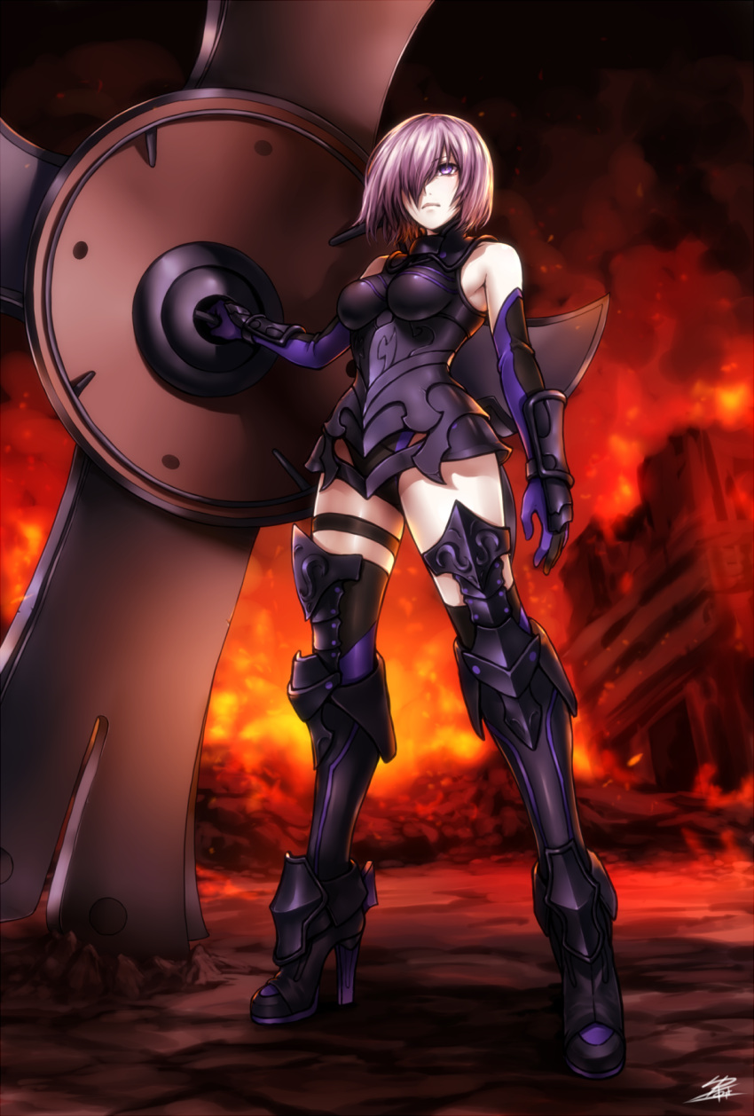 1girl armor breastplate elbow_gloves fate/grand_order fate_(series) fire from_below full_body gloves greaves hair_over_one_eye high_heels highres purple_hair shield shielder_(fate/grand_order) solo standing thigh-highs violet_eyes yusuki_(fukumen) zettai_ryouiki