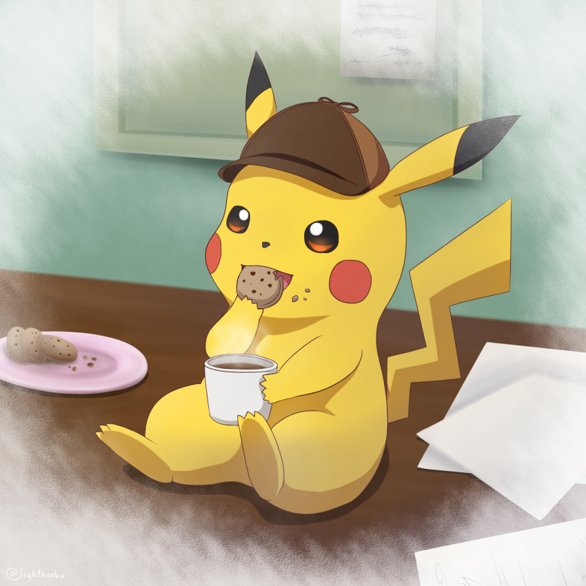 commentary_request cookie cup detective_pikachu eating food great_detective_pikachu:_the_birth_of_a_new_duo hat highres no_humans pikachu pokemon pokemon_(creature) sitting solo